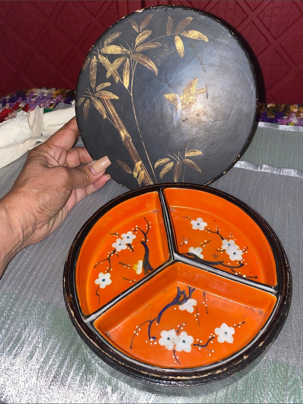 Vintage RS NIPPON Black Round Divided Serving Tray with Orange Floral Interior